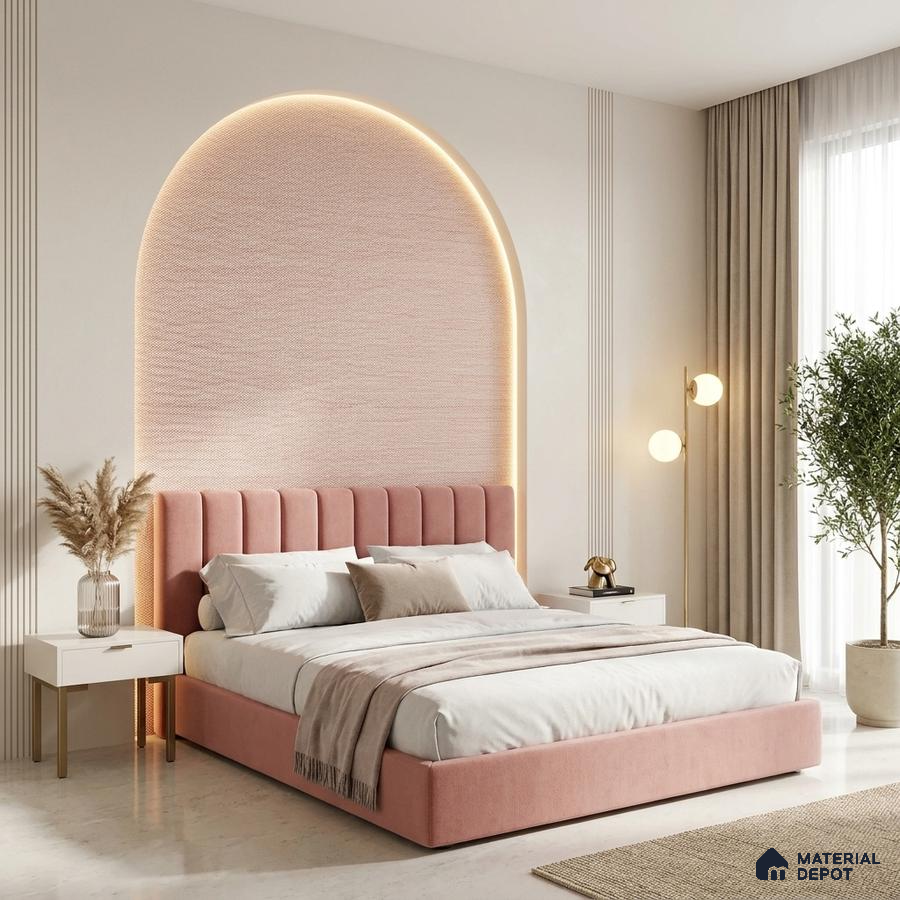 Minimalist bedroom with blush pink suede upholstered bed and arched textured wall panel