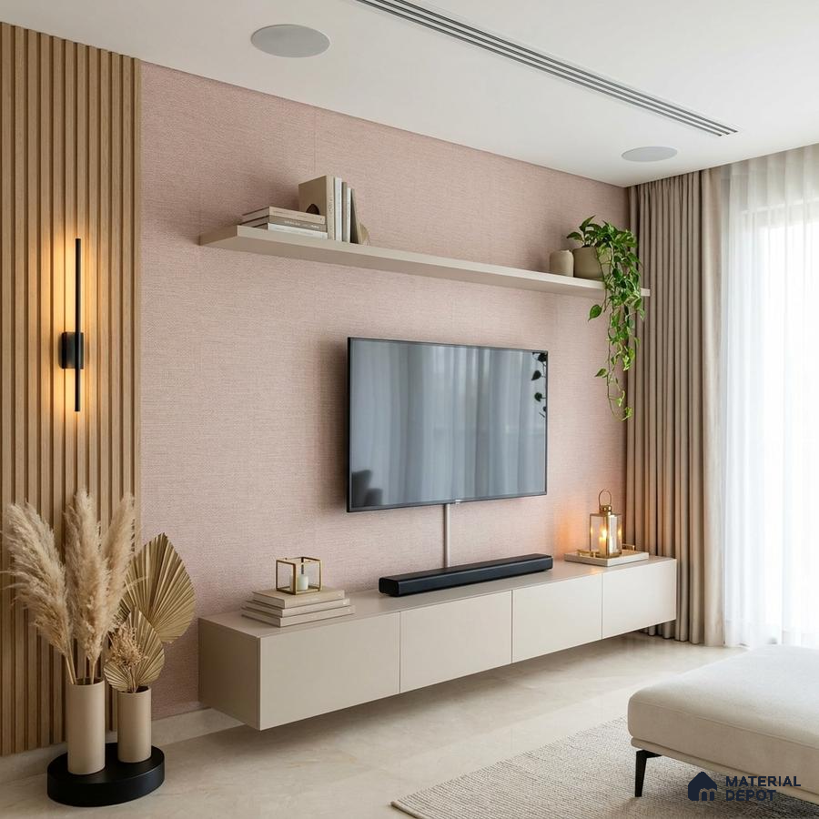 Scandinavian TV unit with beige matte laminate, light oak fluted panels, and blush textured wallpaper