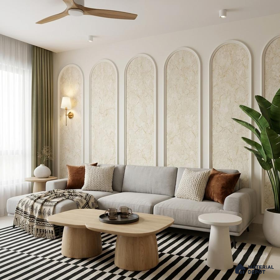 Scandinavian living room with marble-look wall panels and light oak coffee tables