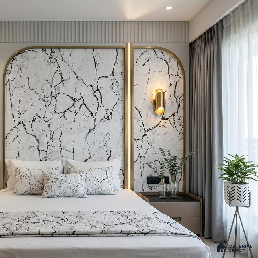 Modern bedroom with marble-look laminate headboard and gold accent profiles