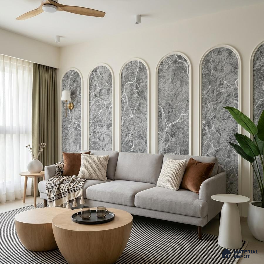 Scandinavian living room with grey marble wall panels and light wood coffee tables