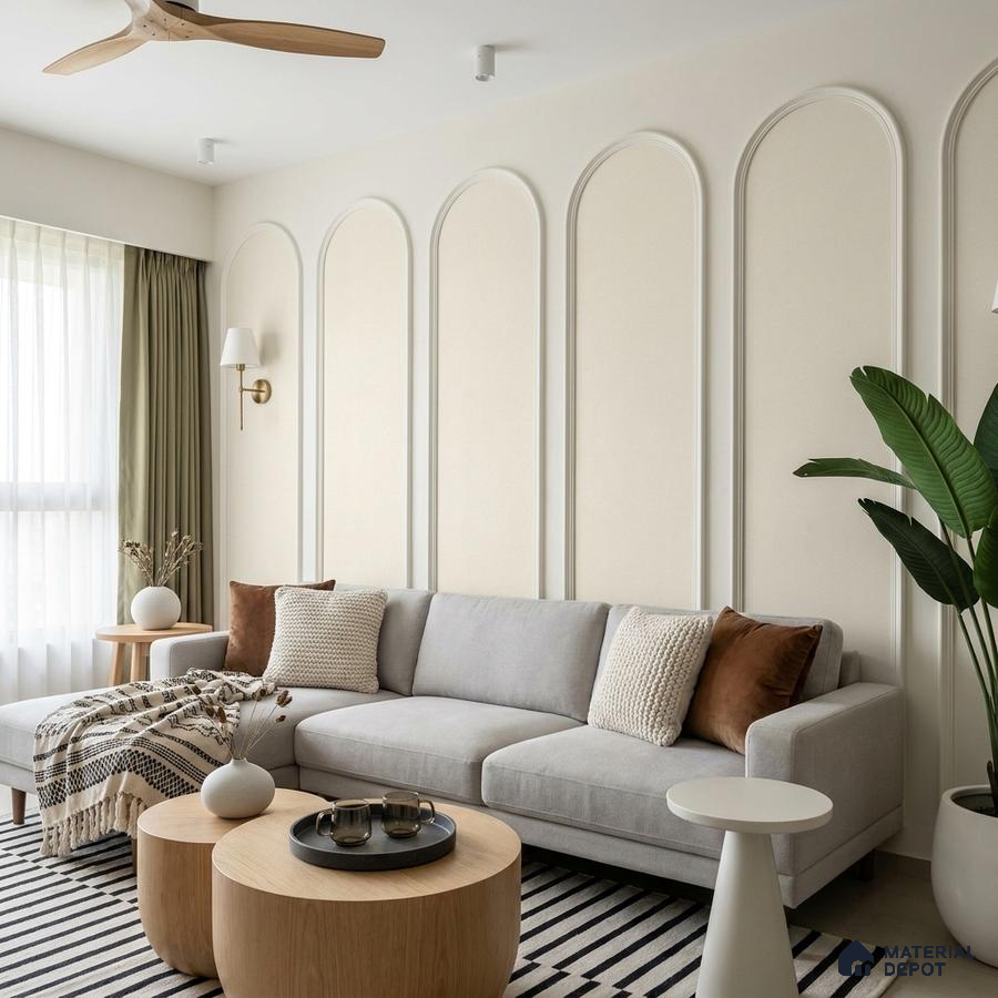 Scandinavian living room with arched wall mouldings, light wood tables, and neutral fabric sofa