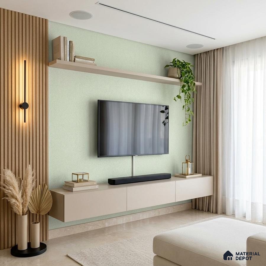 Modern living room with beige floating TV unit, light wood fluted wall panels, and mint green textured wall