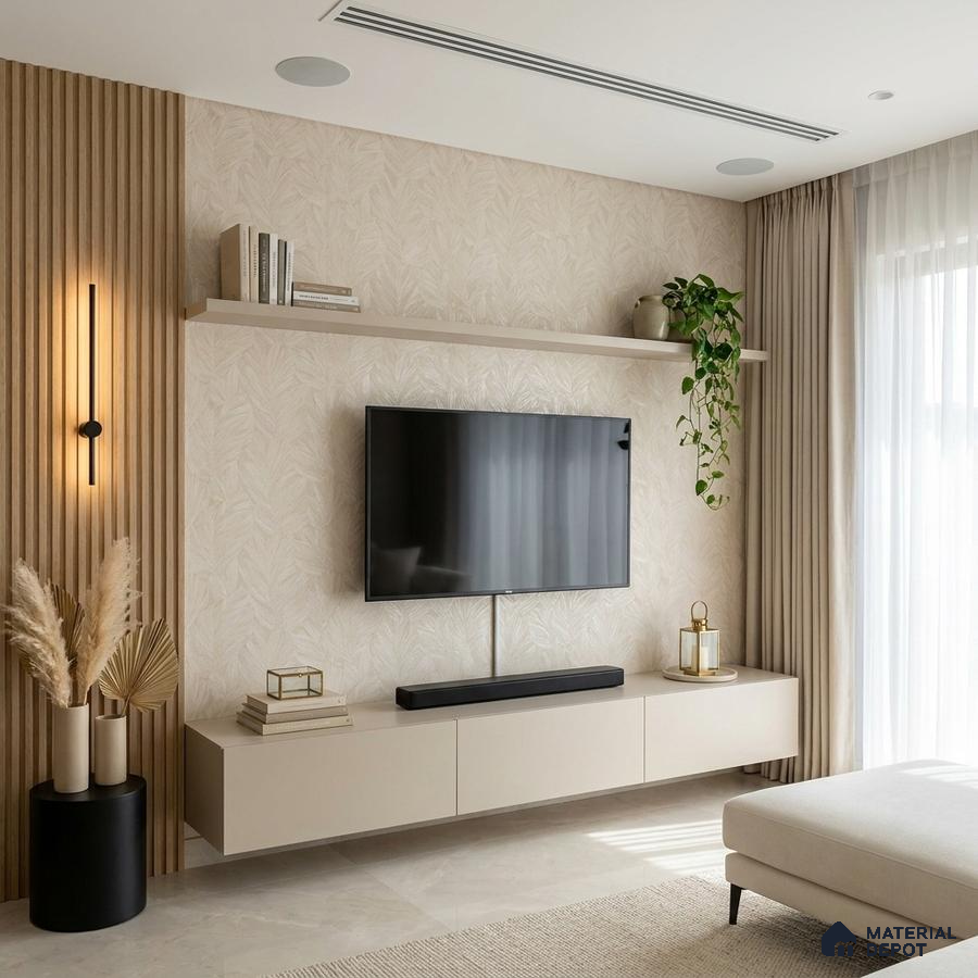 Scandinavian living room with beige matte laminate TV unit, light wood fluted wall panels, and textured wallpaper
