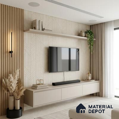 Minimalist living room with beige geometric wallpaper, fluted wood panels, and matte beige floating TV unit