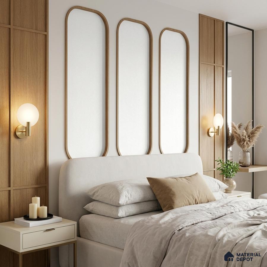 Scandinavian bedroom with natural oak wall panels and upholstered bed in neutral tones