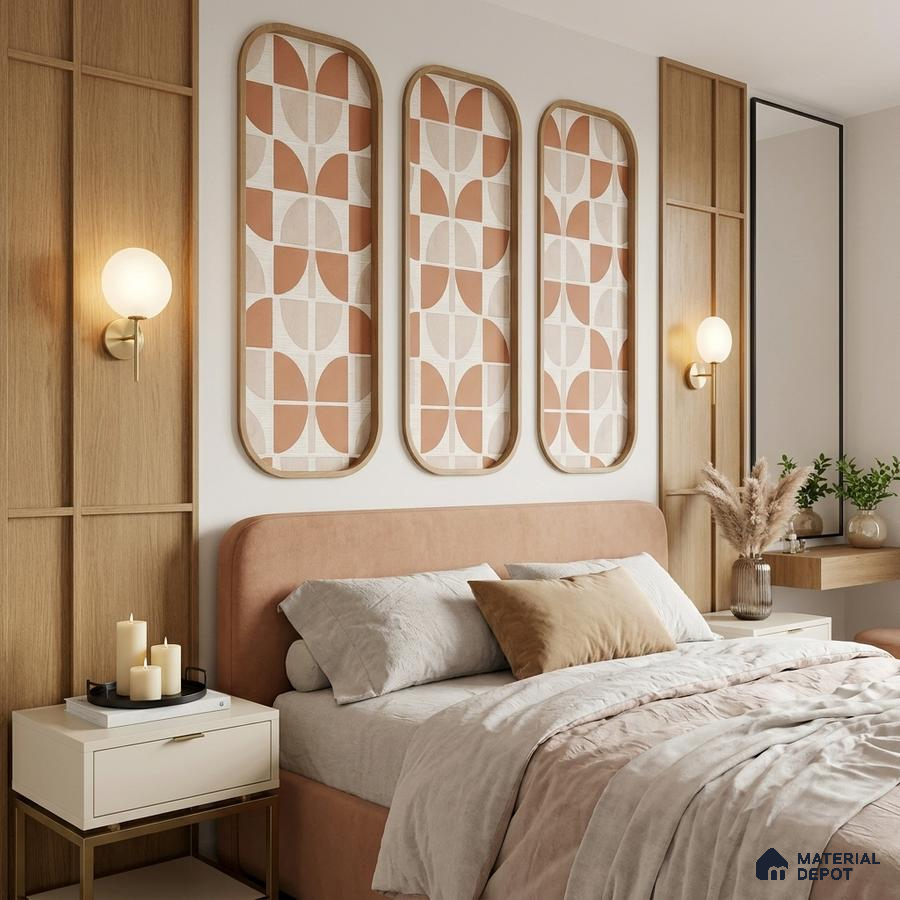 Scandinavian bedroom with light oak wall panels and blush suede upholstered bed