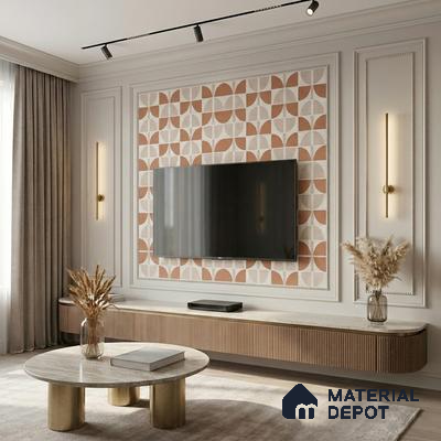 Modern living room with geometric patterned accent wall, fluted wood TV unit, and marble coffee table