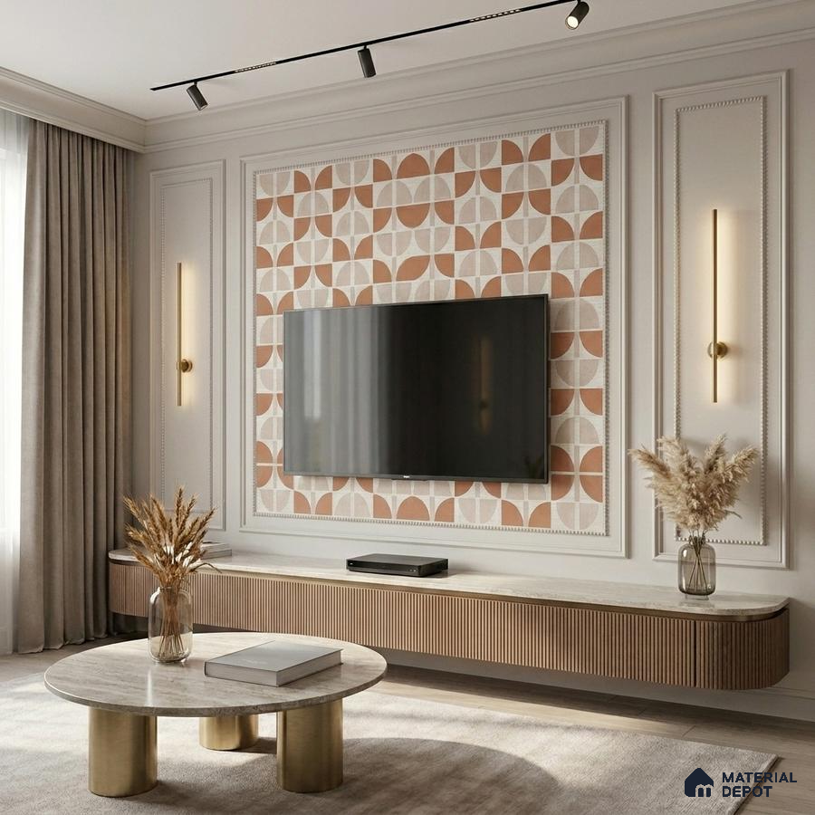 Modern living room with geometric patterned accent wall, fluted wood TV unit, and marble coffee table