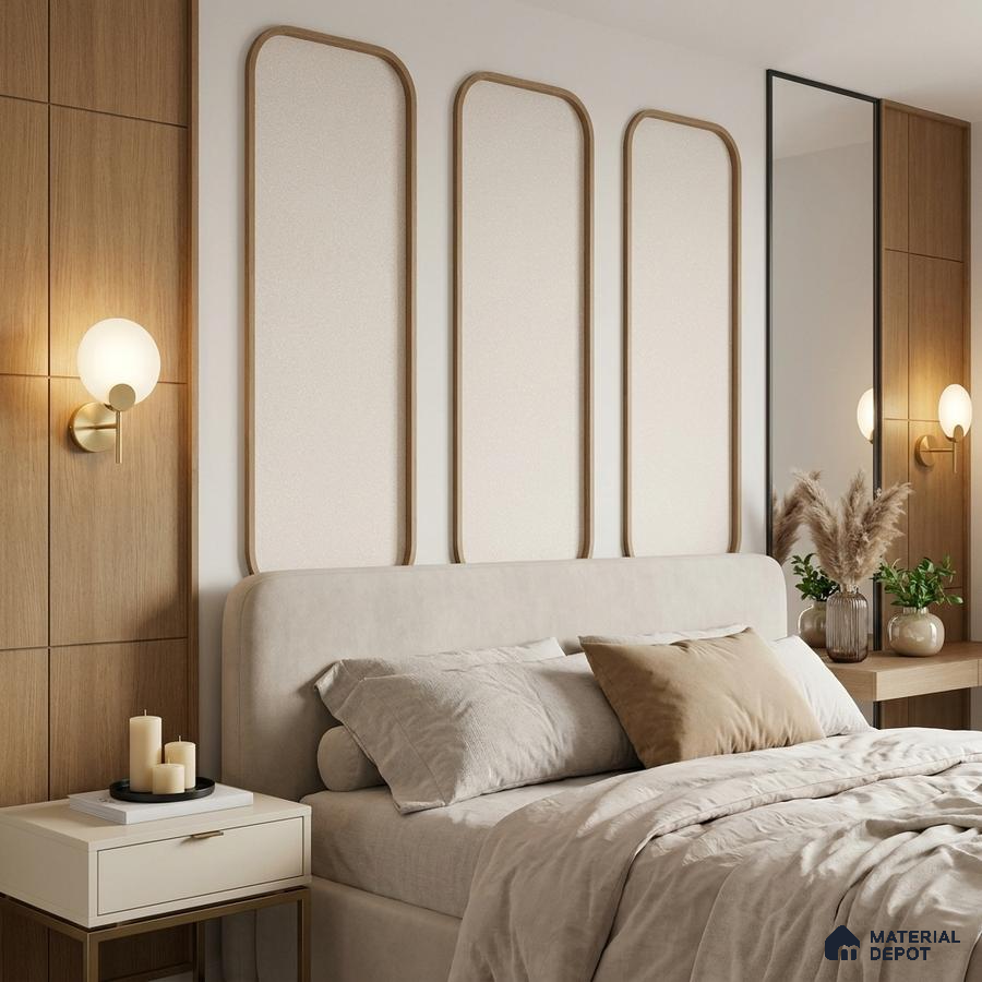 Scandinavian bedroom with light oak wall panels and beige suede upholstered bed