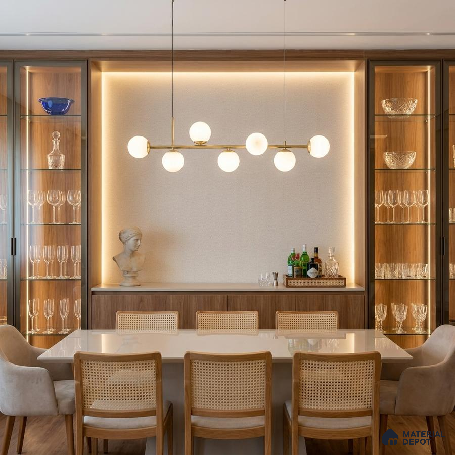 Modern dining room with white quartz table, natural oak wood cabinetry, and glass display units