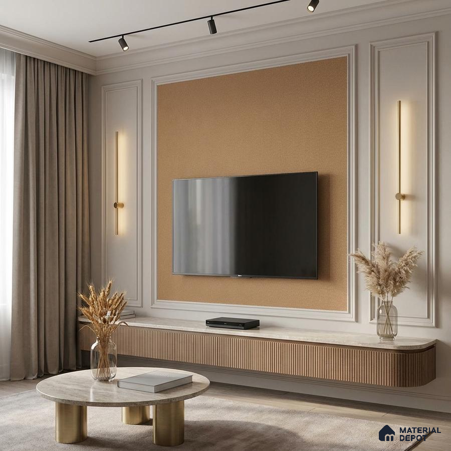 Modern living room with beige textured wall panel, fluted wood TV unit, and marble coffee table