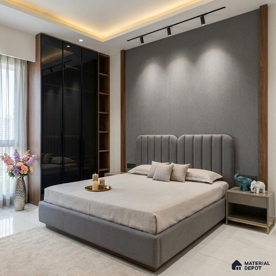 Modern bedroom with grey fabric upholstered bed, walnut wood accents, and glass wardrobe shutters