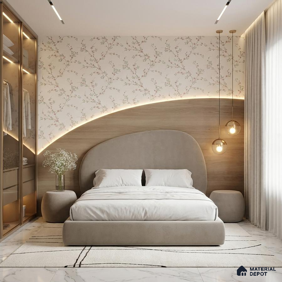 Japandi bedroom with floral wallpaper, natural wood panel accent, and suede upholstered bed