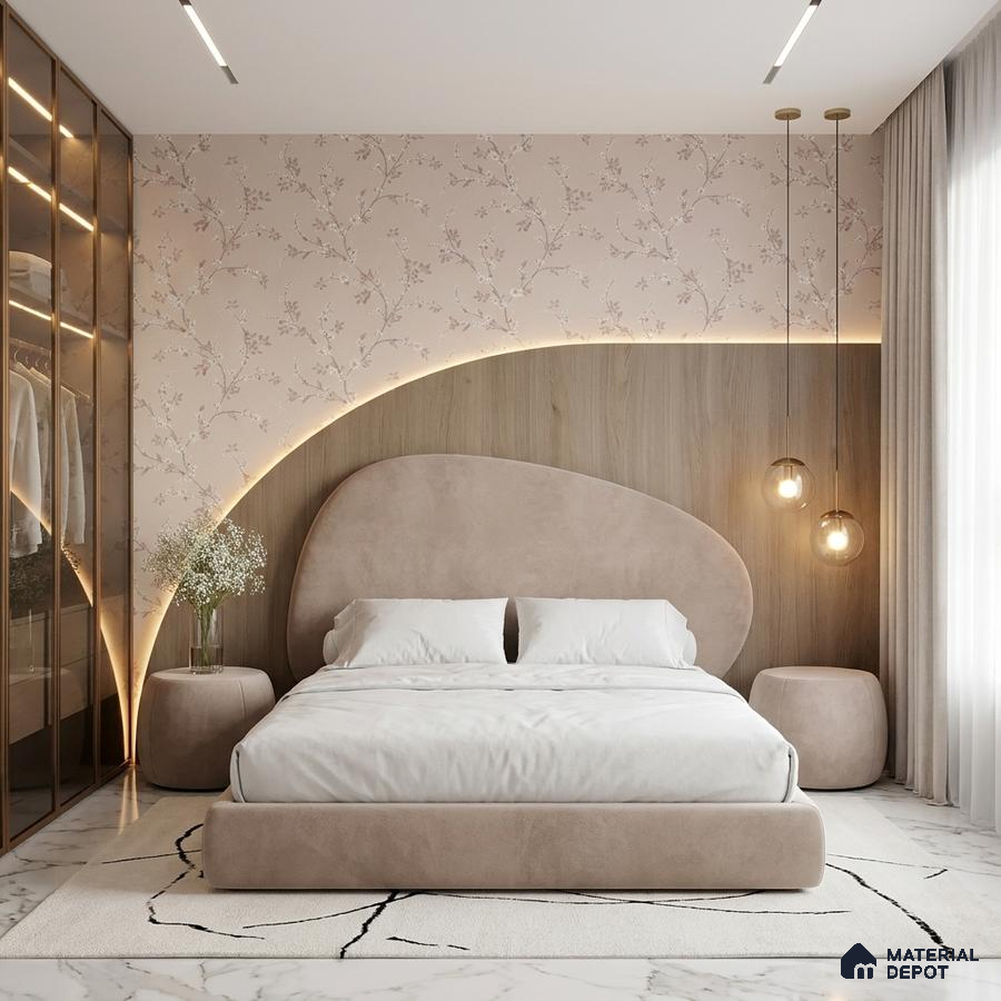 Japandi bedroom with suede upholstered bed, floral wallpaper, and light wood panel accent wall