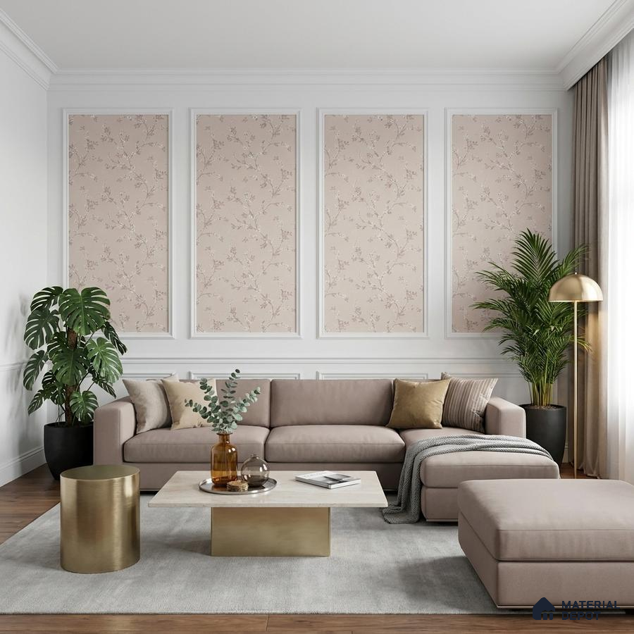Modern living room with blush floral wallpaper panels, beige upholstery, and gold accent tables
