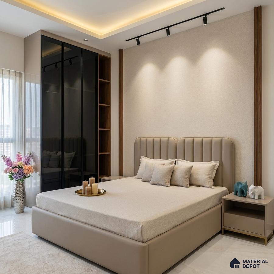 Modern bedroom with beige suede upholstered bed, taupe solid color laminate wardrobe, and marble floor tile