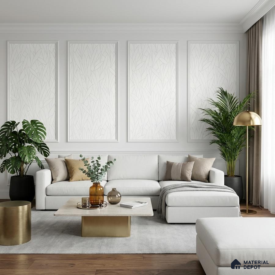 Modern living room with white textured wallpaper, brass accents, and wooden flooring