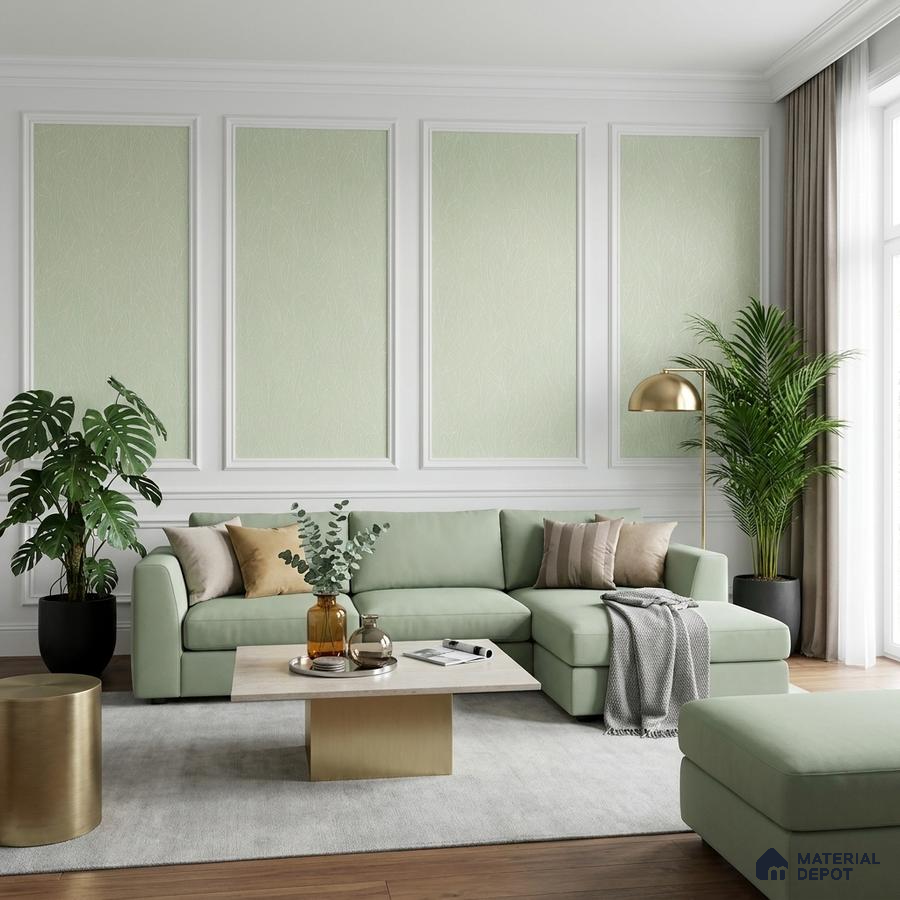 Modern living room with sage green fabric sofa, pastel green wallpaper panels, and gold accent table