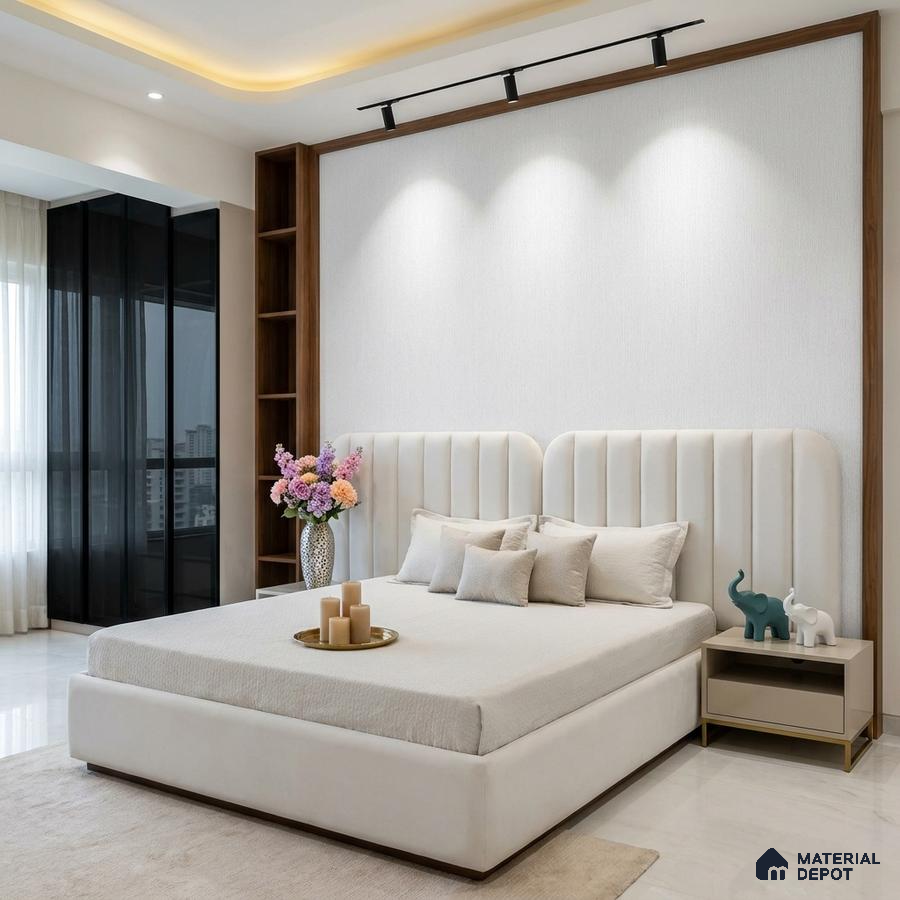 Modern bedroom with suede upholstered bed, walnut wood frame, and ivory textured wall panel