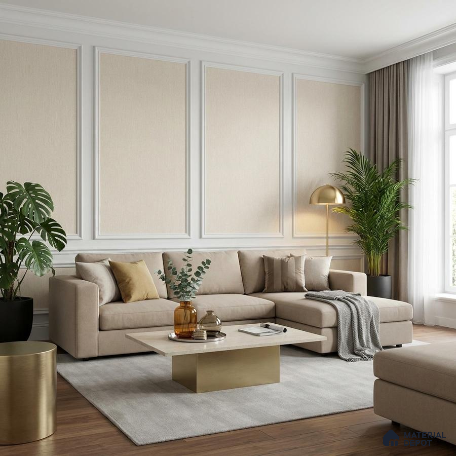 Modern living room with beige fabric sofa, gold metal accents, and wood flooring