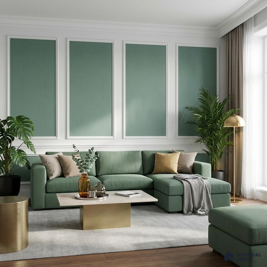 Modern living room with sage green fabric sofa, gold accent table, and paneled sage green wall