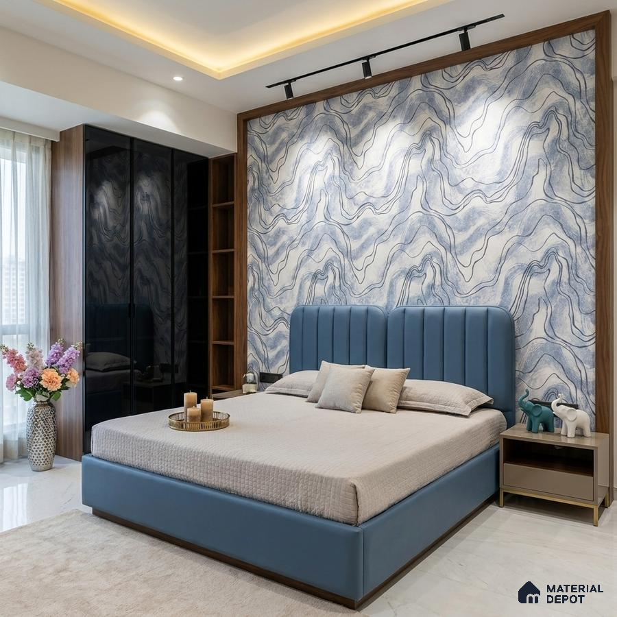 Modern bedroom with blue abstract wallpaper, blue upholstered bed, and walnut wood wardrobe