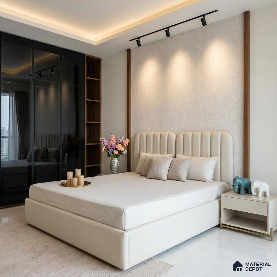 Modern bedroom with beige suede upholstered bed, glass wardrobe, and textured wall panel