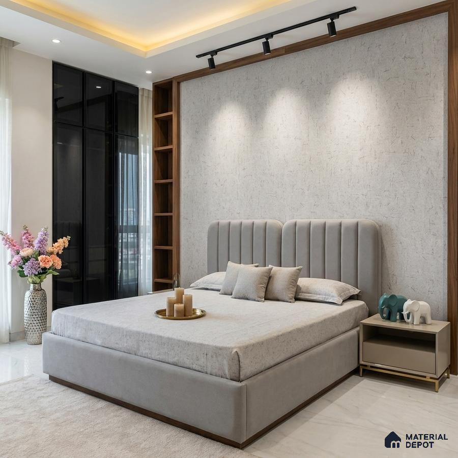 Modern bedroom with suede upholstered bed, textured beige wall panel, and marble floor tile