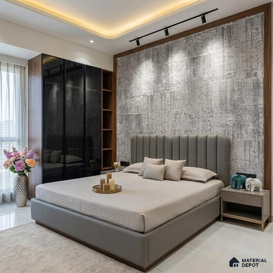 Modern bedroom with concrete finish wallpaper, grey upholstered bed, and black glass wardrobe
