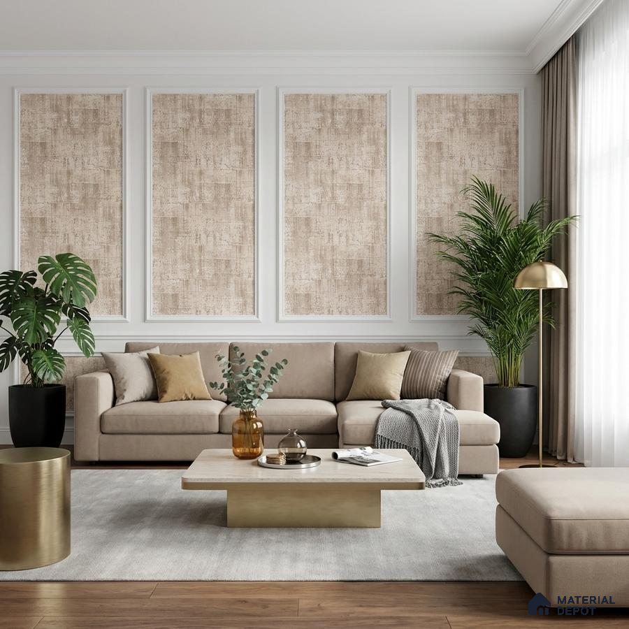 Modern living room with beige textured wallpaper panels, taupe fabric sofa, and wooden flooring
