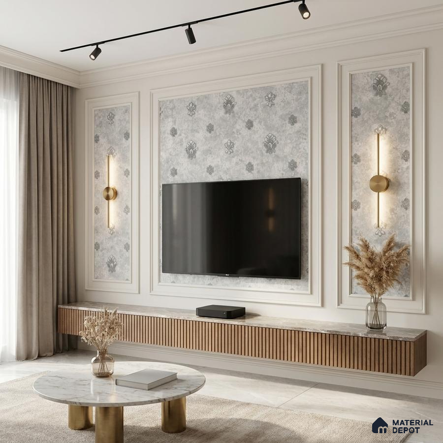 Modern living room with marble top TV unit, fluted wood laminate, and patterned wallpaper