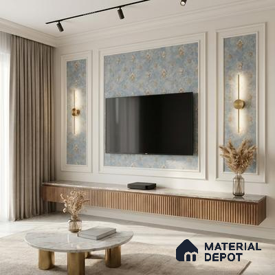 Art Deco living room with blue patterned wallpaper, marble top TV unit, and fluted wood laminate