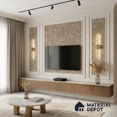 Art Deco living room with gold-accented wallpaper, marble coffee table, and fluted wooden TV unit