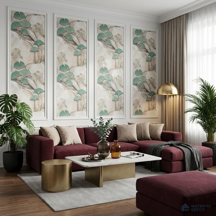 Art Deco living room with chinoiserie wallpaper panels, burgundy velvet sofa, and marble coffee table