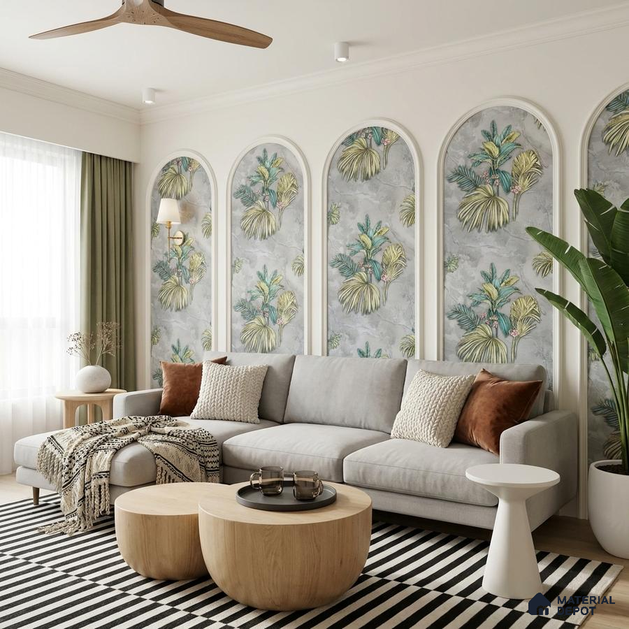 Scandinavian living room with tropical patterned wallpaper, light oak coffee tables, and striped rug