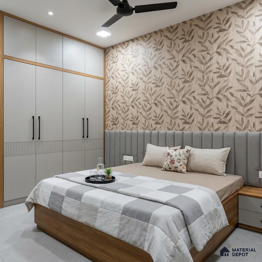 Modern bedroom with beige floral wallpaper, grey upholstered headboard, and light wood wardrobe