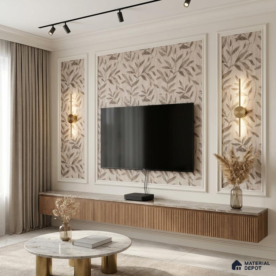 Modern TV unit with fluted wood laminate, marble top, and beige botanical wallpaper