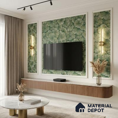 Modern living room with green botanical wallpaper, fluted wood TV unit, and marble coffee table
