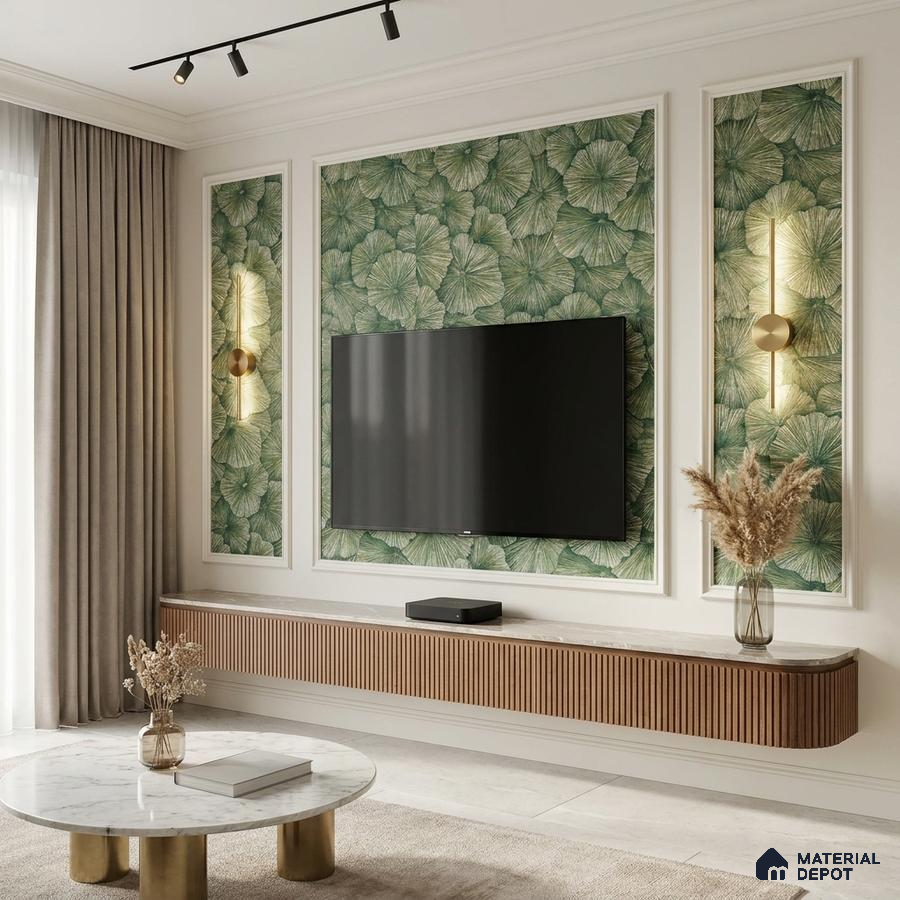 Modern living room with green botanical wallpaper, fluted wood TV unit, and marble coffee table