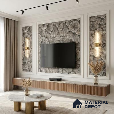 Modern living room with floral wallpaper, marble top TV unit, and fluted wood laminate