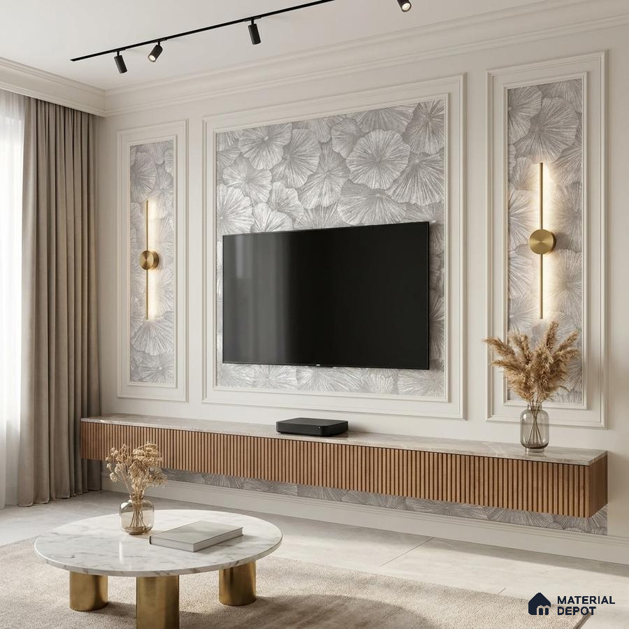 Modern living room with floral wallpaper, fluted wood TV unit, and marble coffee table