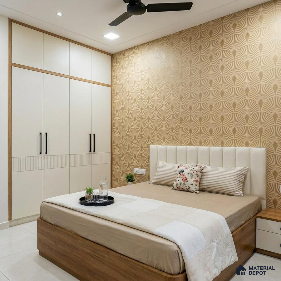 Modern bedroom with beige patterned wallpaper, white and wood wardrobe, and upholstered headboard