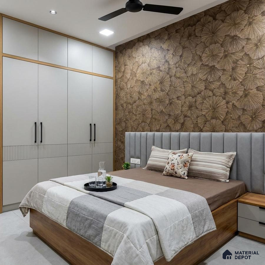 Modern bedroom with floral textured wallpaper, grey upholstered headboard, and matte beige wardrobe laminate