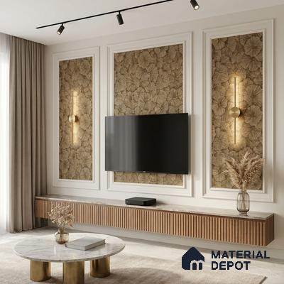 Modern living room with floral wallpaper, fluted wooden TV unit, and marble coffee table