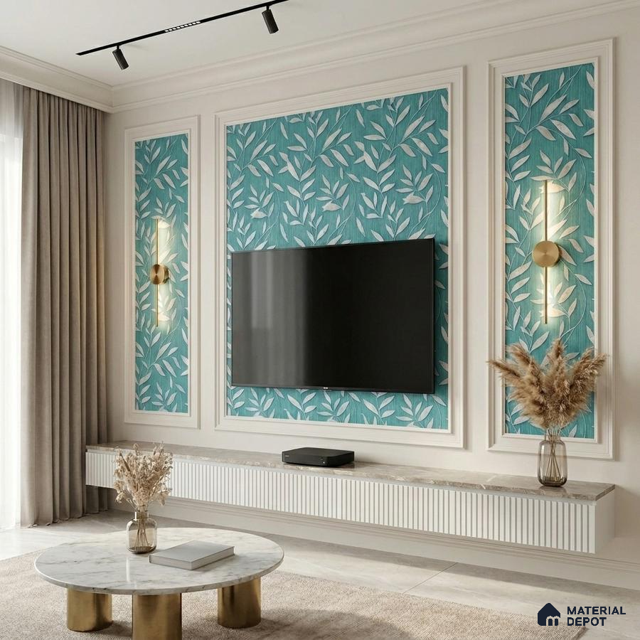 Modern living room with teal floral wallpaper, marble top TV unit, and fluted white laminate