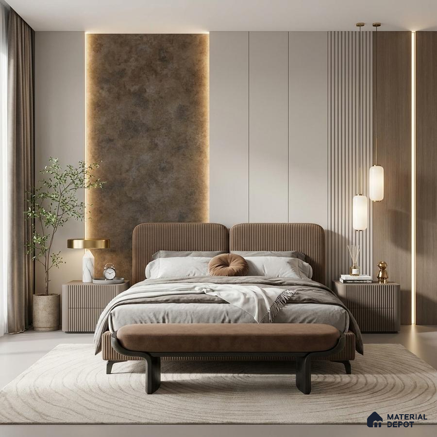 Modern bedroom with suede upholstered bed, fluted wood panels, and stone accent wall