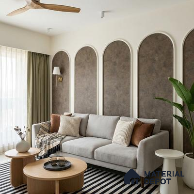 Scandinavian living room with textured brown wall panels and light oak coffee tables