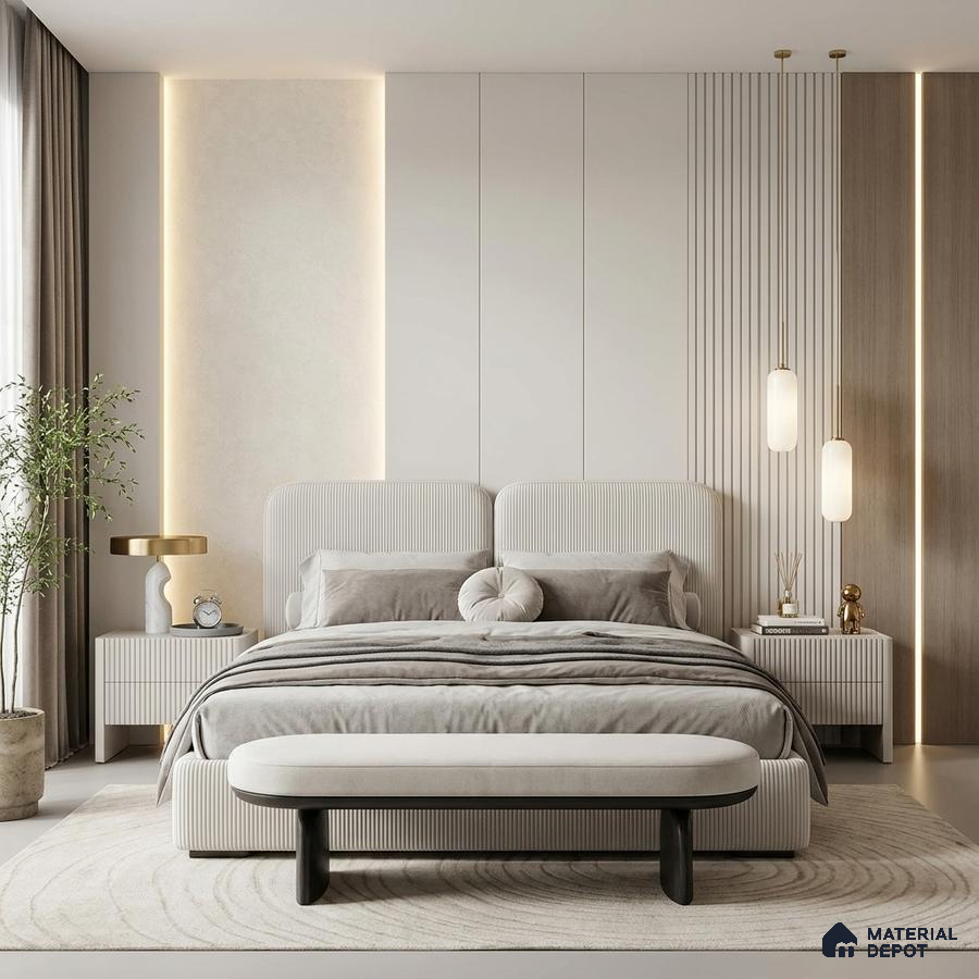 Minimalist bedroom with fluted beige wall panels and suede upholstered bed