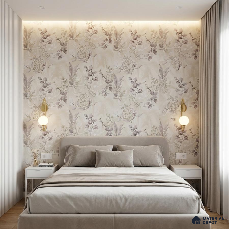 Scandinavian bedroom with floral wallpaper, beige suede upholstered bed, and white fluted wall panels